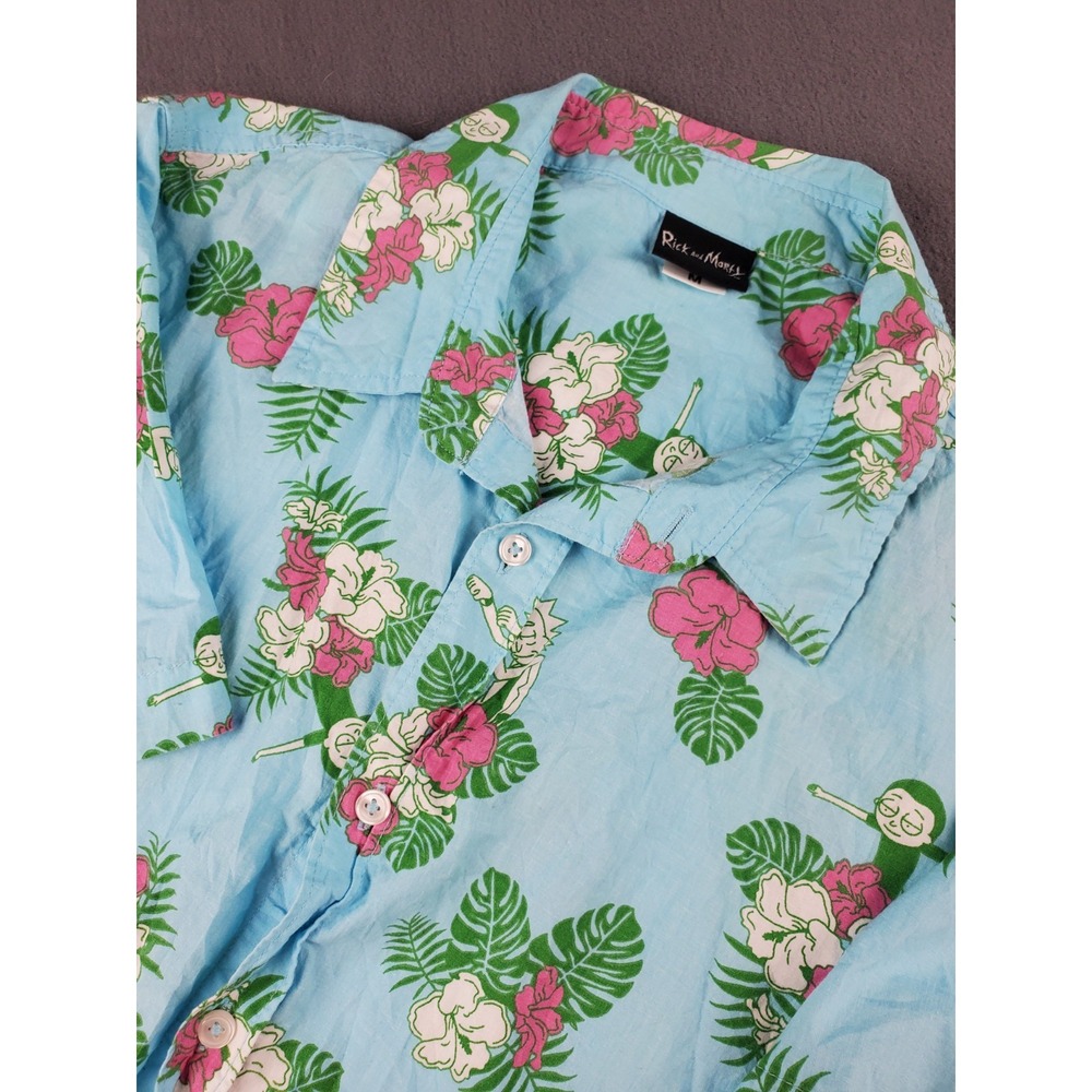 Rick and Morty Hawaiian Shirt Mens M Blue Floral Print Short Sleeve Button